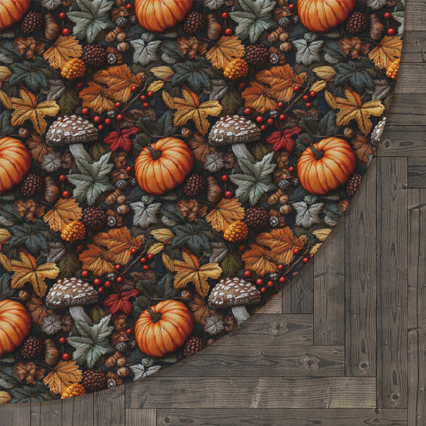 Fall Leaves Pumpkin Embroidery Round Rug, Autumn Harvest Decor, Thanksgiving Table Centerpiece, Holiday Season Floor Mat, Cozy Home Accent,