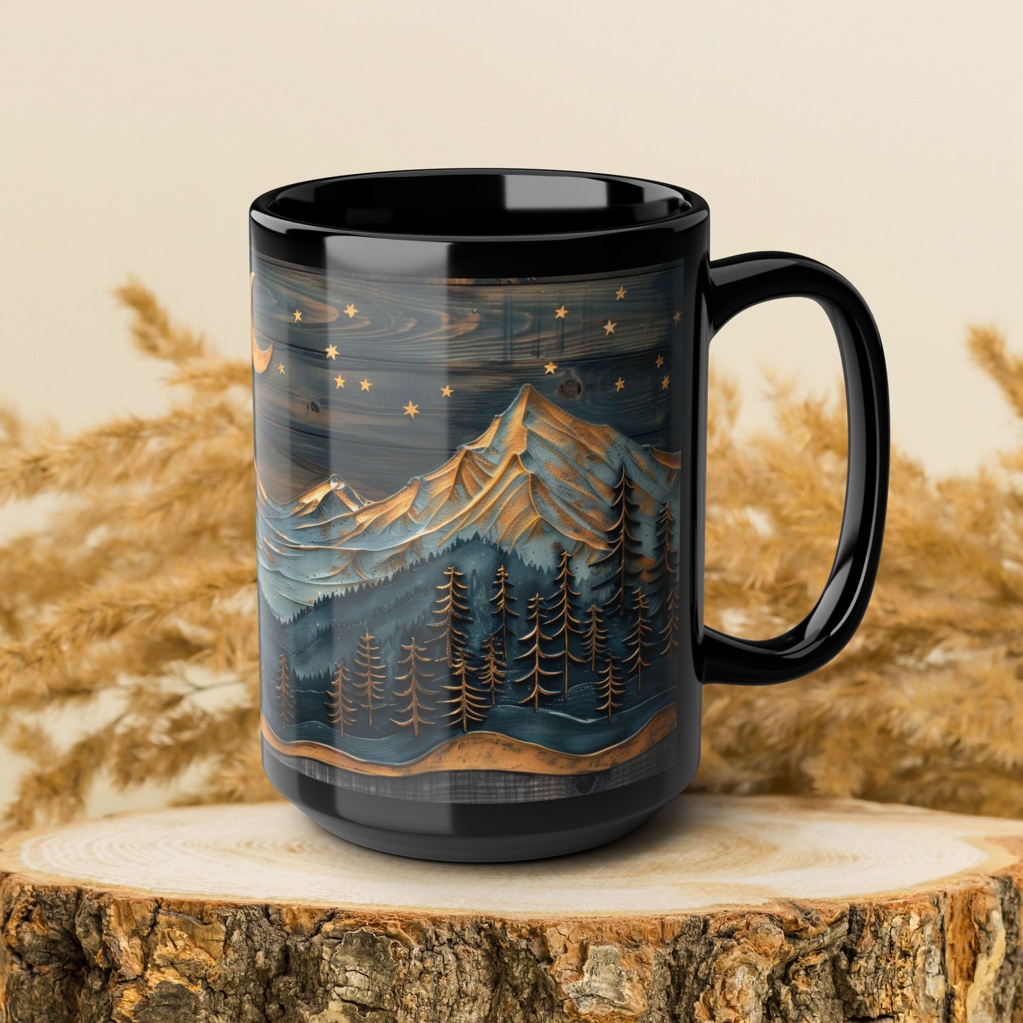 Wooden Crescent Moon Mountain Landscape Black Mug, Winter Carved Wood Art Style Coffee Cup (11oz, 15oz)  Mountain Lover Gift