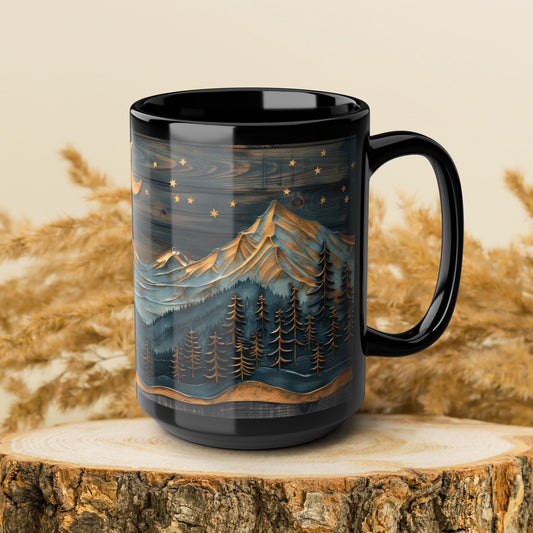 Wooden Crescent Moon Mountain Landscape Black Mug, Winter Carved Wood Art Style Coffee Cup (11oz, 15oz)  Mountain Lover Gift