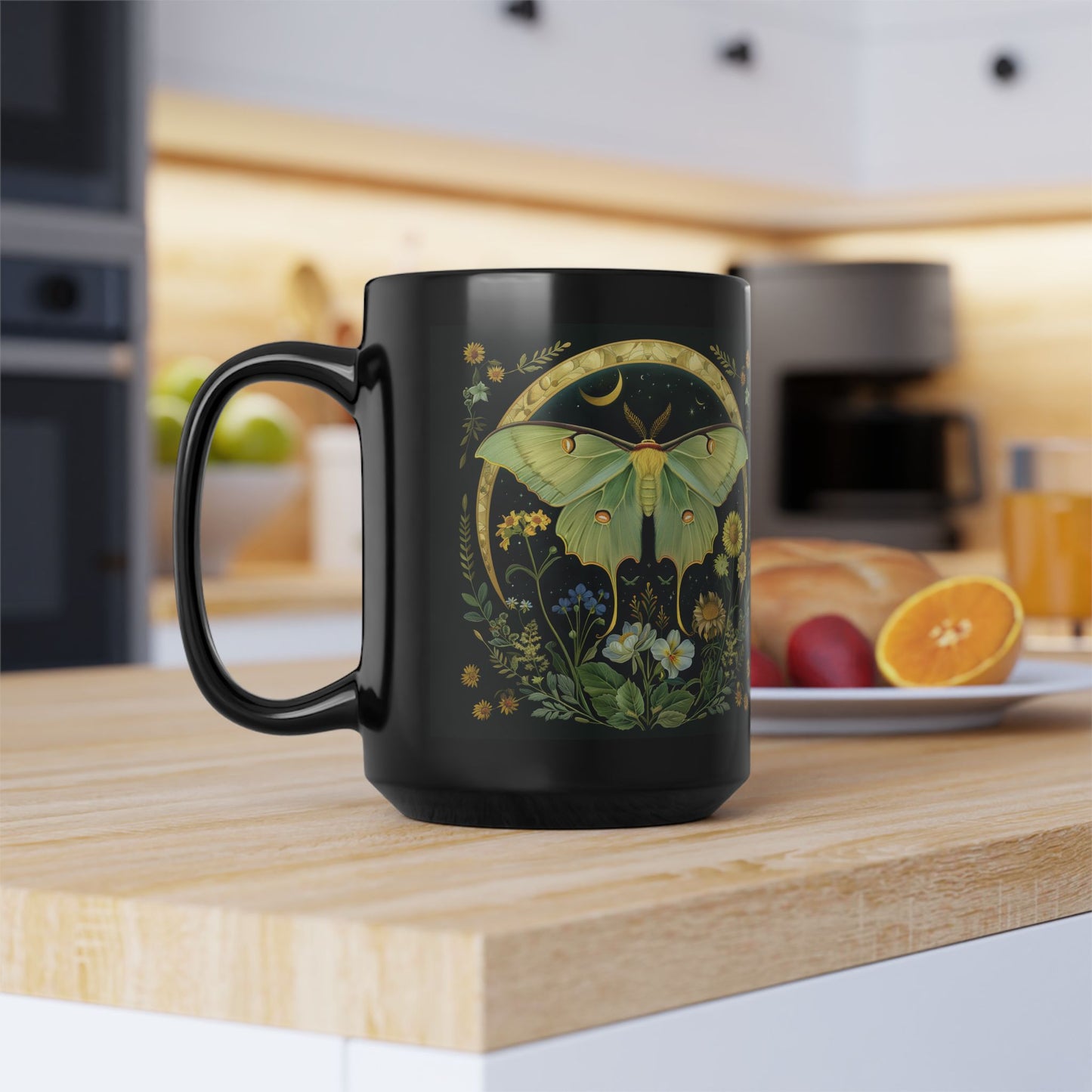 William Morris Inspired Luna Moth Crescent Moon Black Coffee Mug 11oz | Magical Luna Moth Ceramic Black Mug Gift