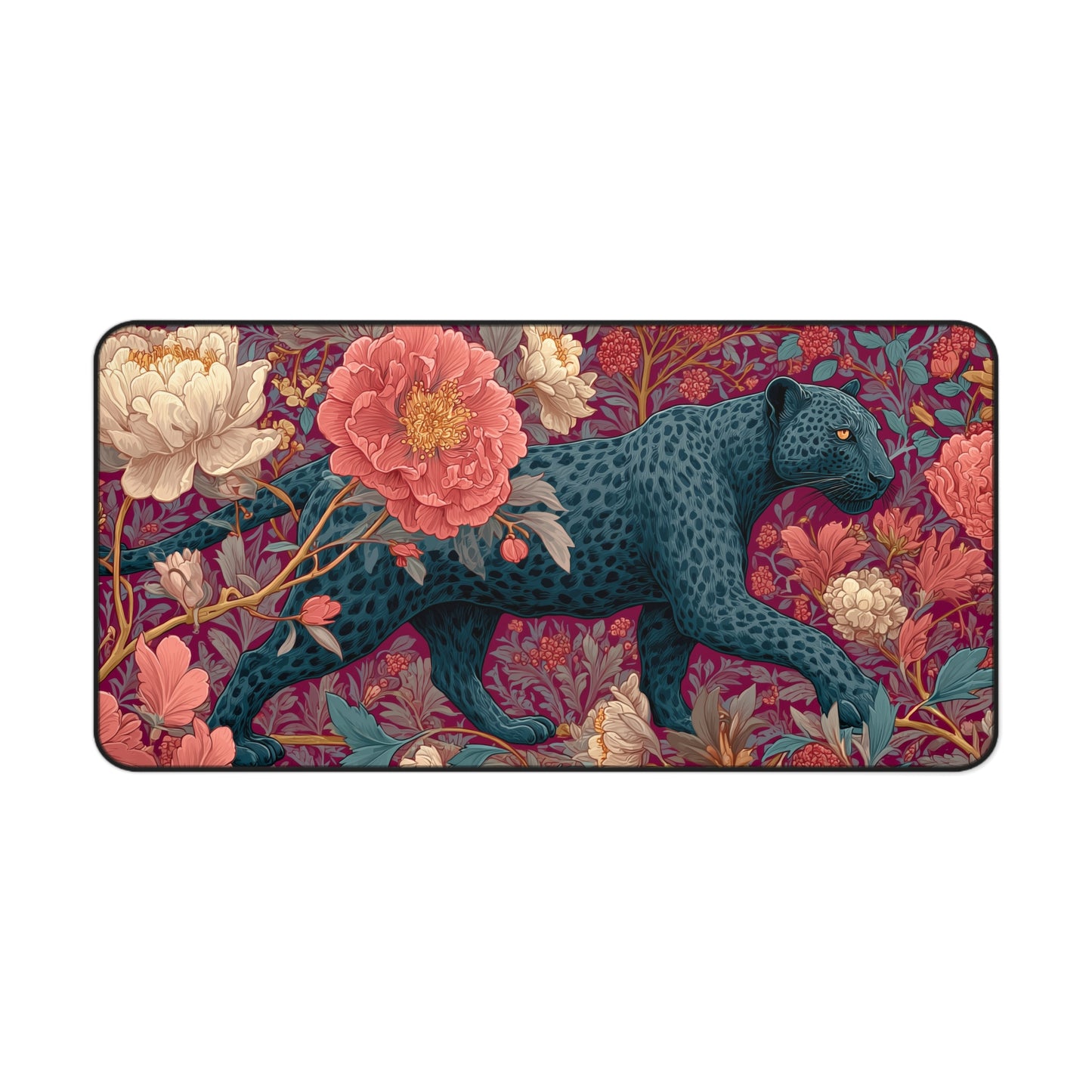 Midnight Panther Peony Desk Mat, William Morris Inspired Floral Mouse Pad, Aesthetic Workspace Decor, Botanical Desk Pad