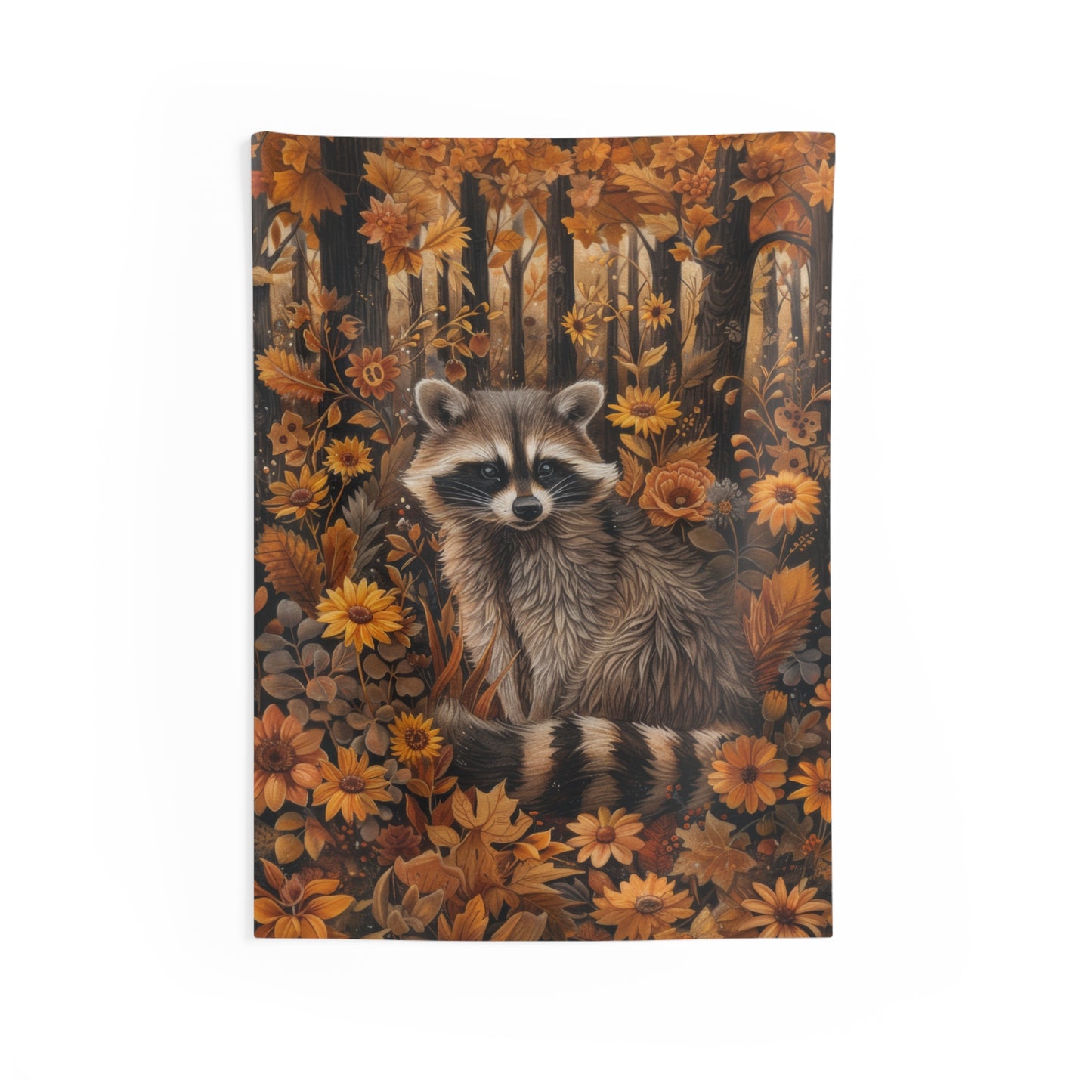 William Morris Inspired Woodland Raccoon Autumn Forest Tapestry Wall Art