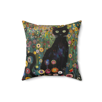 Whimsical Cat Floral Mewdow Square Pillow, Gustav Klimt Home Decor, Black Cat Cushion