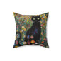 Whimsical Cat Floral Mewdow Square Pillow, Gustav Klimt Home Decor, Black Cat Cushion