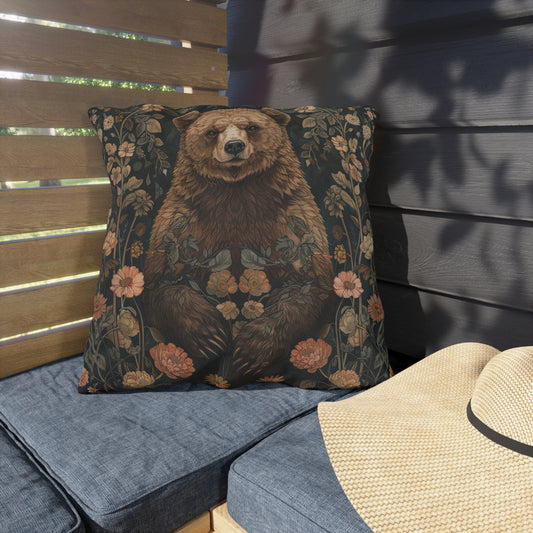 Woodland Bear Outdoor Pillow, Rustic Floral Throw Pillow, Vintage Animal Cushion, Cottagecore Forest Decor, Nature Patio Accent Pillow