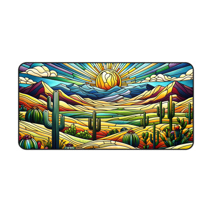 Cactus Desert Scene Stained Glass Design Desk Mat 2 Sizes | Gamer Keyboard Mouse Pad | Office Decor GiftDesk Mats