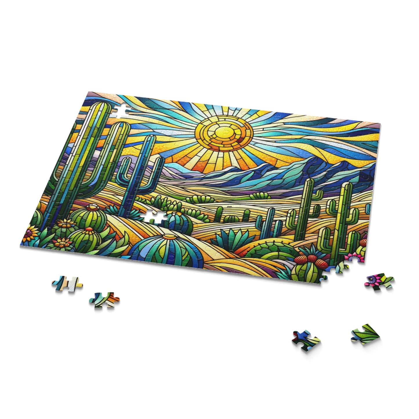 Cactus Dessert Scene Stained Glass Jigsaw Puzzle Box (120, 252, 500-Piece) Adult Jigsaw Puzzle, Gift Him Her