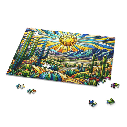 Cactus Dessert Scene Stained Glass Jigsaw Puzzle Box (120, 252, 500-Piece) Adult Jigsaw Puzzle, Gift Him Her