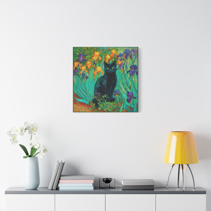 Black Cat Among Irises, Vibrant Floral Canvas Wall Art, Matte Stretched Canvas 1.25"