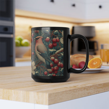 Waxwing Bird Vintage Berry Botanical Black Mug (11oz,15oz) Nature Lover Wildlife Art Gift