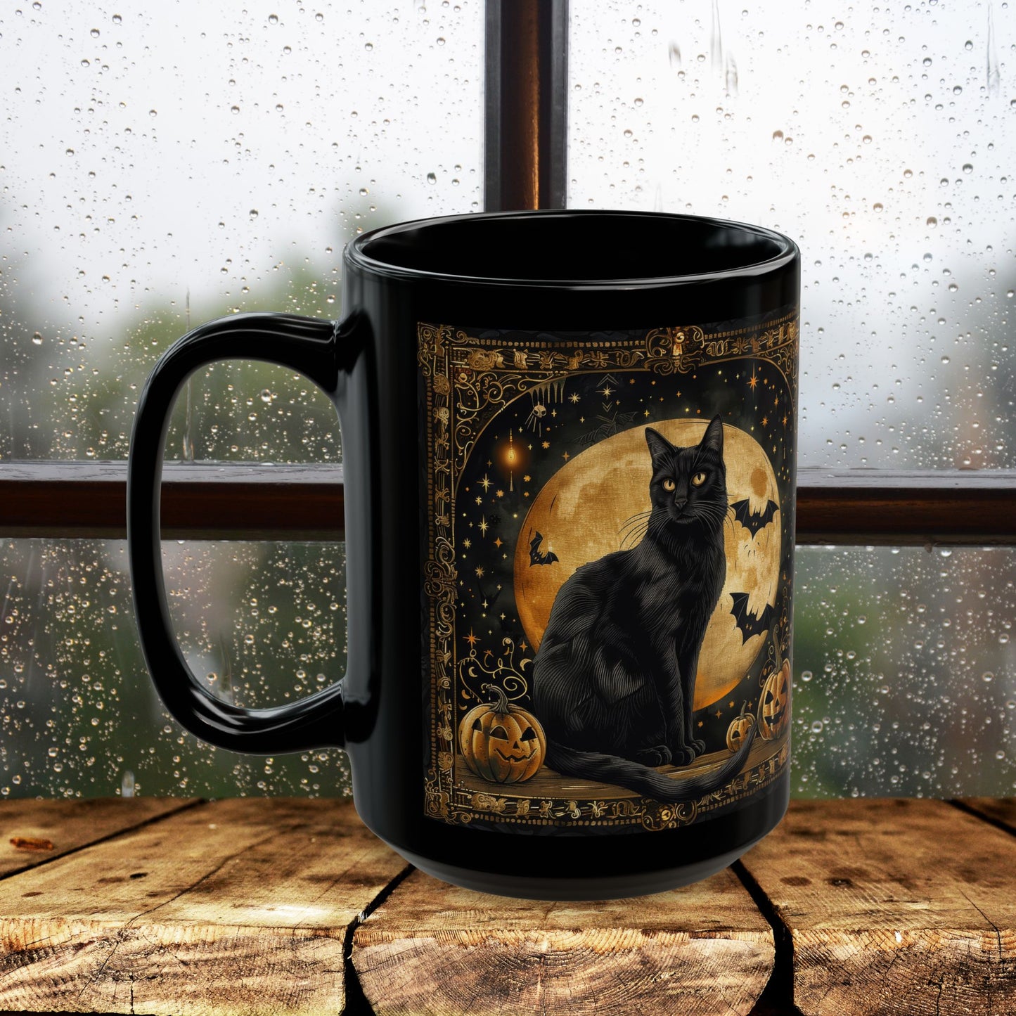 Art Deco Full Moon Black Cat Mug, William Morris Inspired, Black Coffee Cup 11oz, 15oz, Cat Lover Gift, Halloween Mug, Gothic Kitchen Decor,
