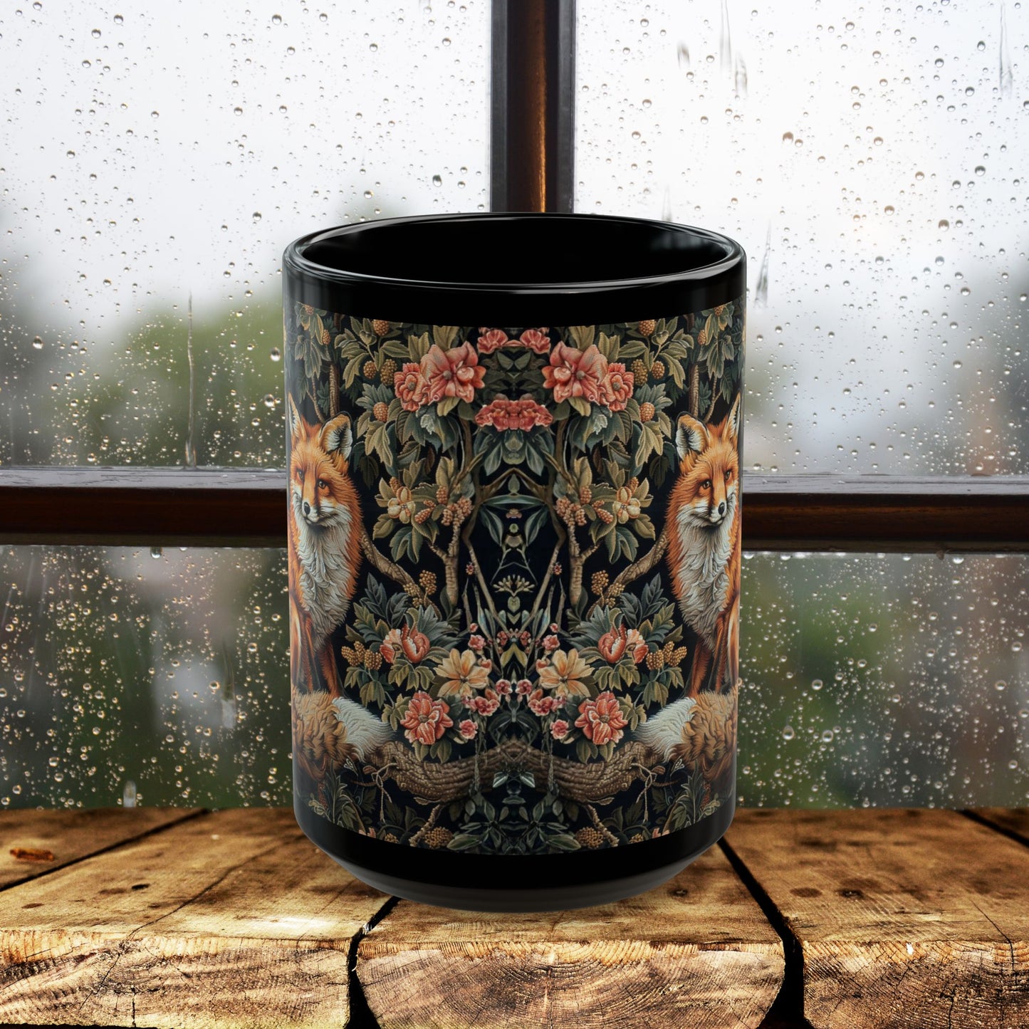 Forest Fox William Morris Inspired | Fox Ancient Black Coffee Mug For Her Him Ceramic Mug Black Mug 11oz, 15oz