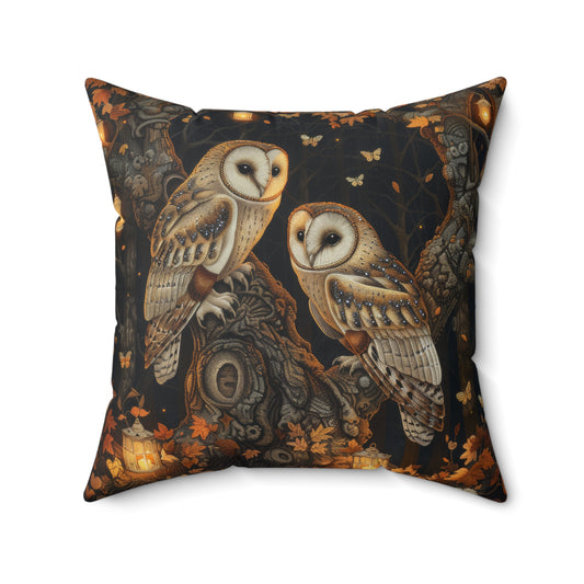 Enchanted Forest Owl Pillow, Decorative Fall Square Pillow, Spun Poly Cushion, Decor, Home Accent, William Morris Inspired