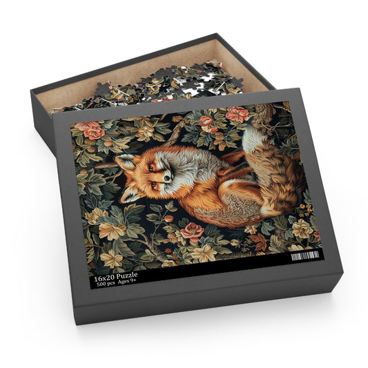 William Morris Inspired Forest Fox Jigsaw Puzzle Box | Cottage-core Art Nouveau Puzzle Box (120, 252, 500-Piece)