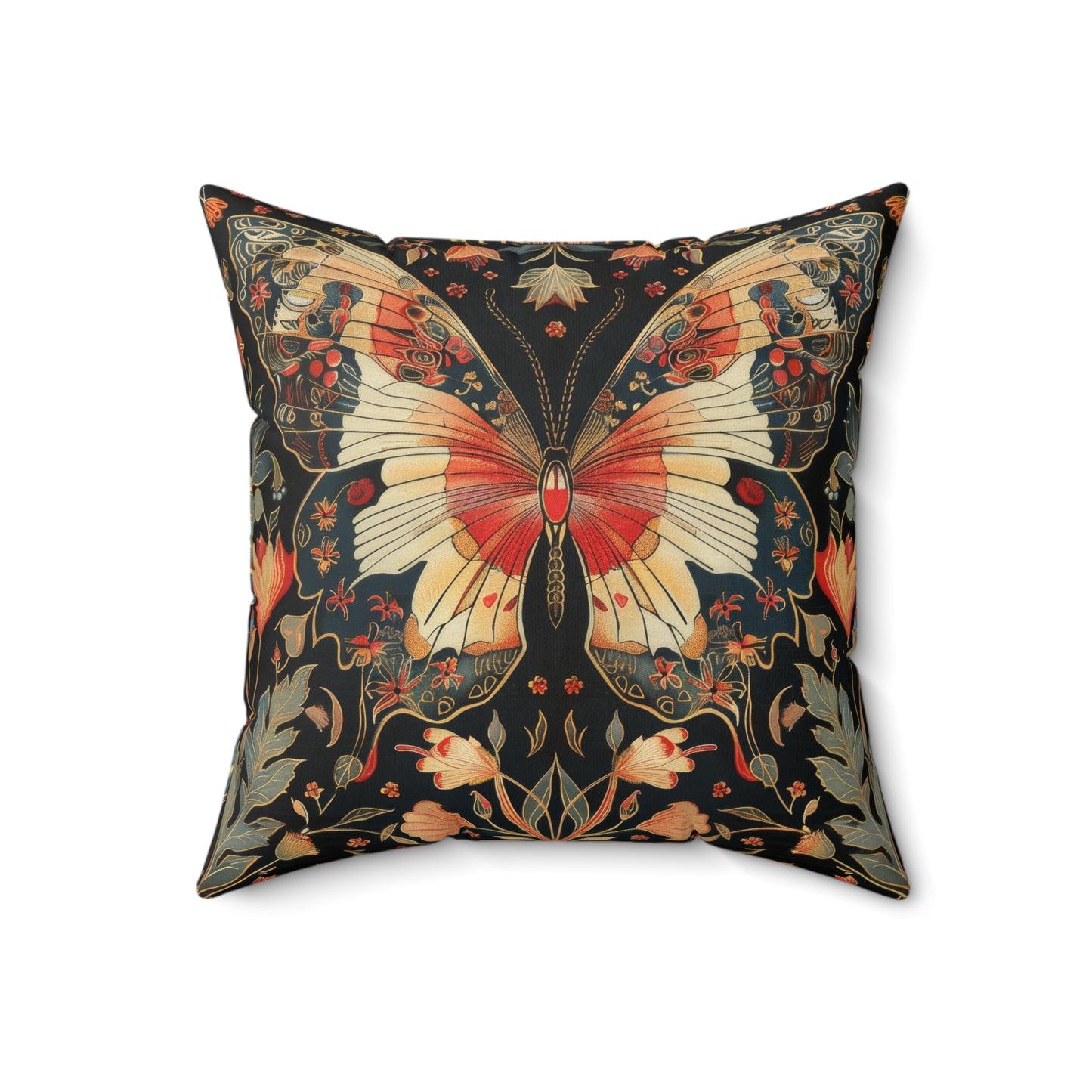 Enchanting Butterfly in the Style of William Morris, Woodland Blossoms Floral Botanical Pillow