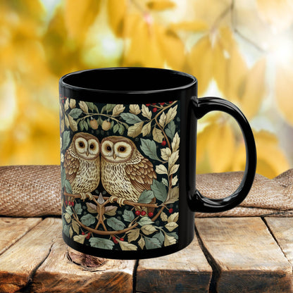 Owl Couple Coffee Mug, William Morris Inspired Woodland Romance Black Ceramic Cup (11oz, 15oz)