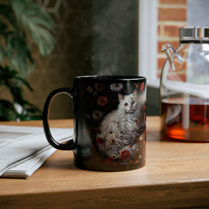 William Morris Inspired White Persian Cat Florals Garden Black Coffee Mug, Cat Lover Gift