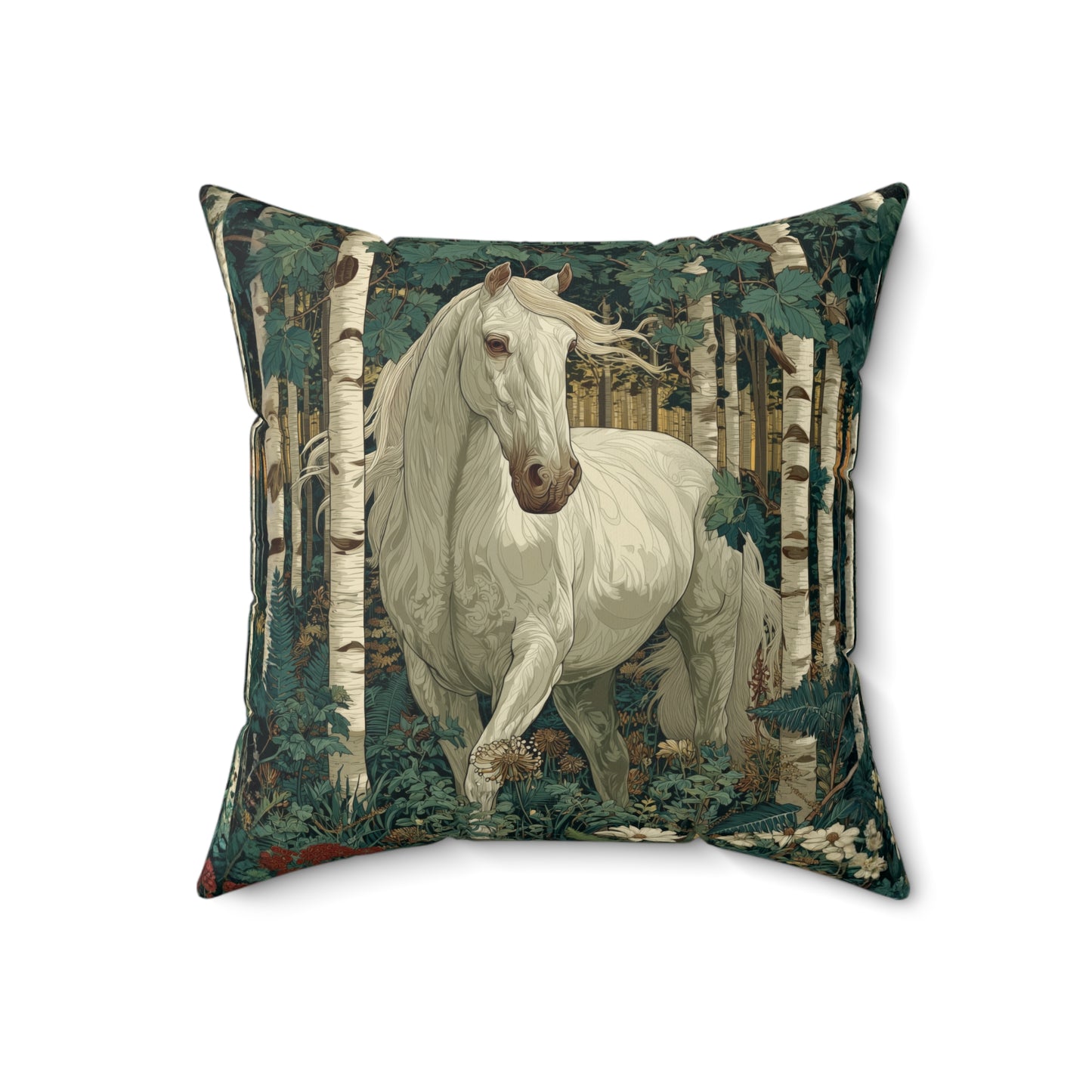 White Horse Birch Forest Decorative Pillow — Rustic Woodland Accent Cushion