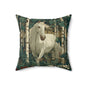 White Horse Birch Forest Decorative Pillow — Rustic Woodland Accent Cushion