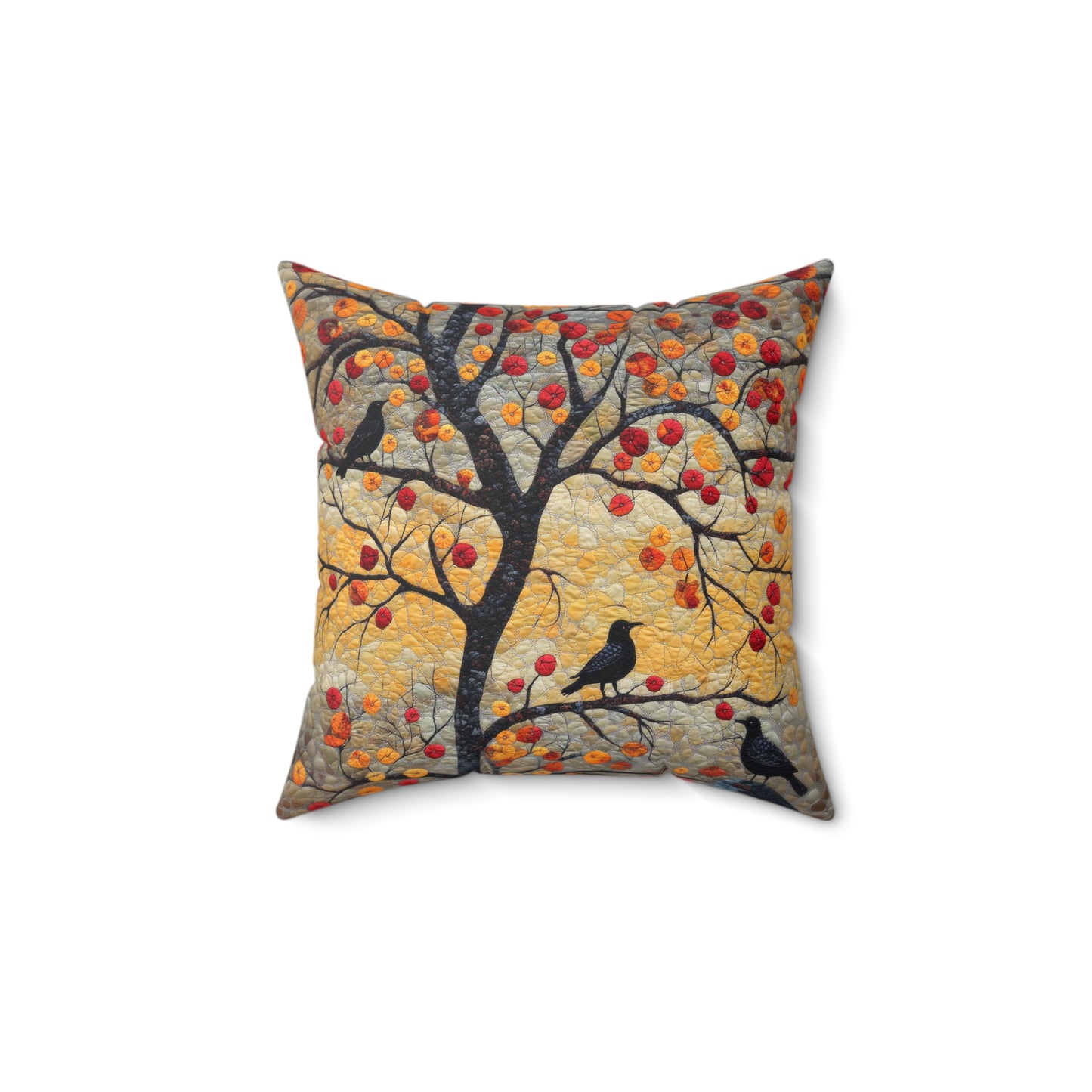 Crows With Autumn OakTree Decorative Pillow, Mosaic Art Style, Fall Pillow Home Decor