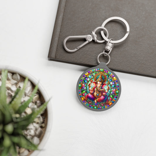 Ganesha Gemstone Keyring Tag Gift, Ganesha Faux Watercolor Stained Glass Keyring Tag Gift