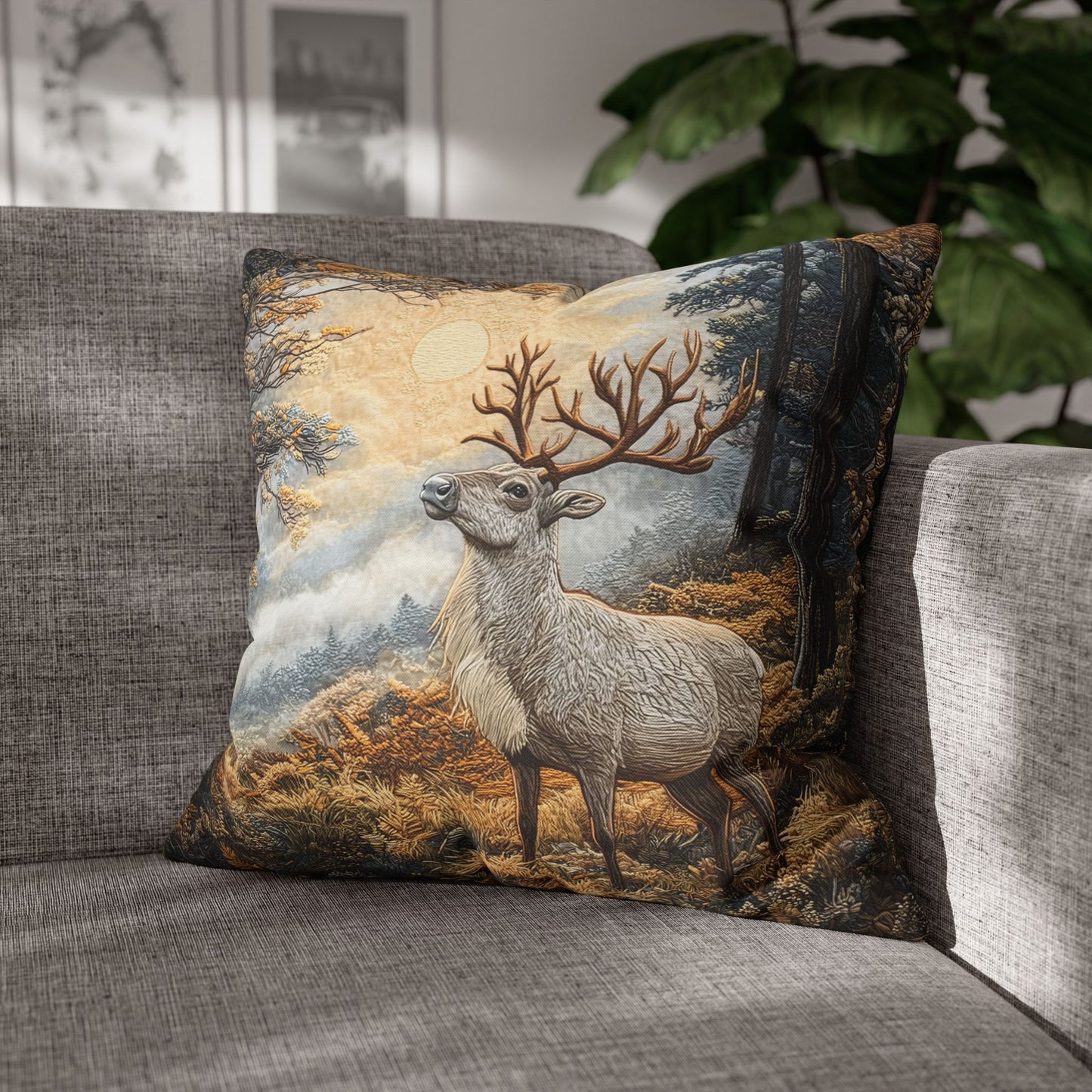 Mountain Reindeer Decorative Fall Square Pillow, Spun Polyester Home Decor, William Morris Inspired