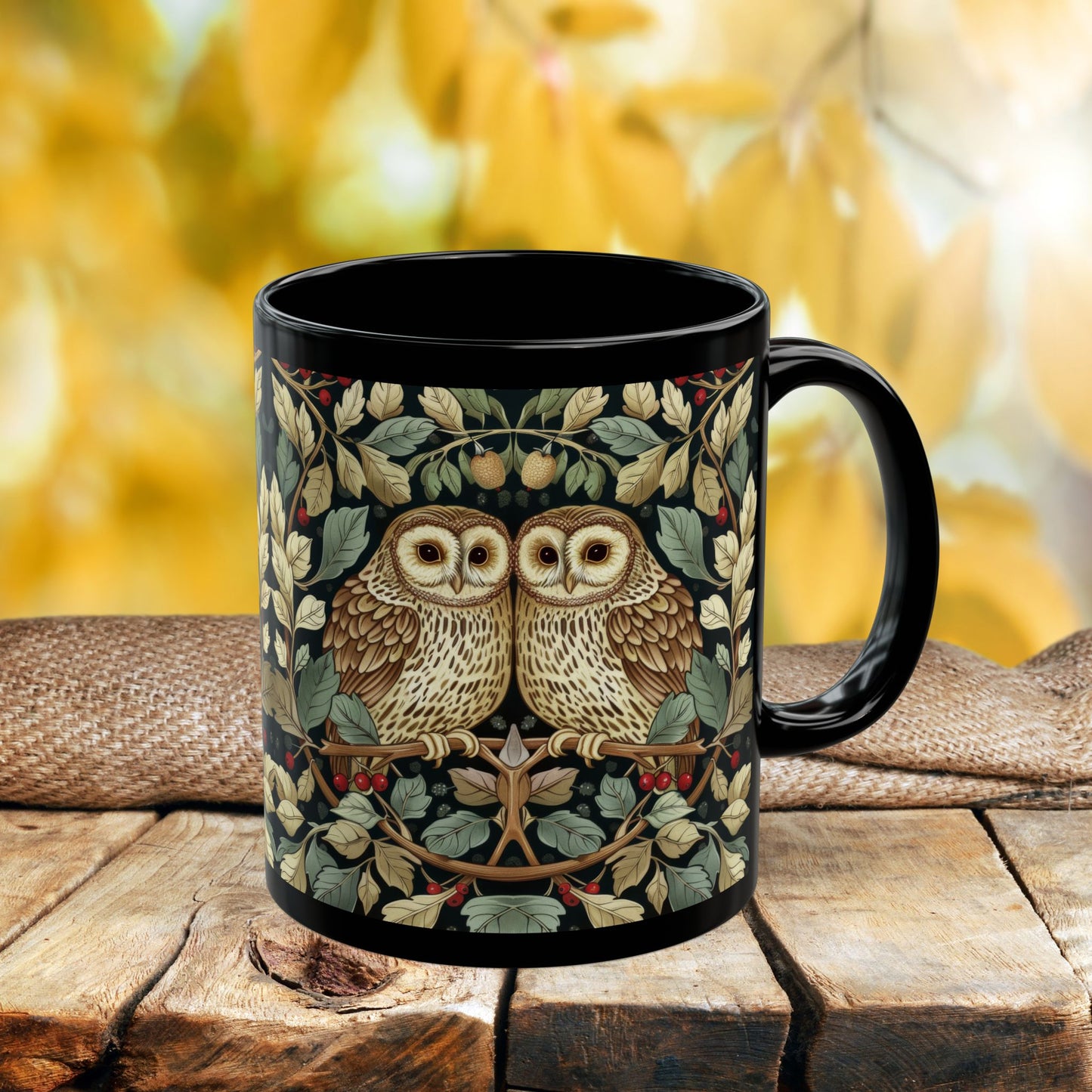 Owl Couple Coffee Mug, William Morris Inspired Woodland Romance Black Ceramic Cup (11oz, 15oz)