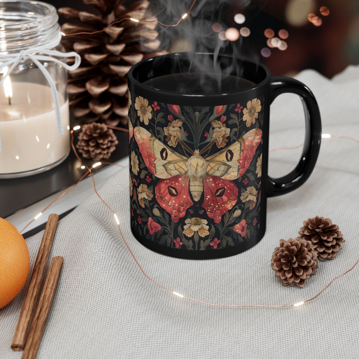 William Morris Inspired Botanical Rosy Maple Moth Black Mug 11oz, 15 oz