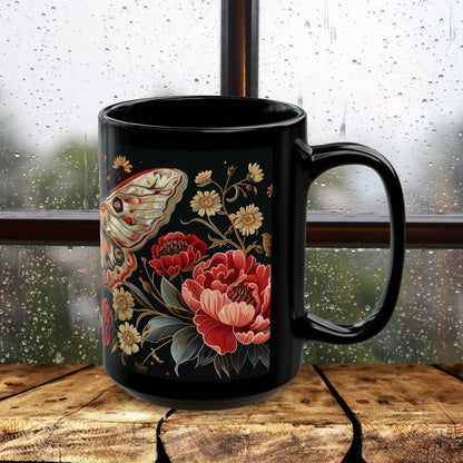 William Morris Inspired Moth Peony Embroidery Black Mug (11oz, 15oz)