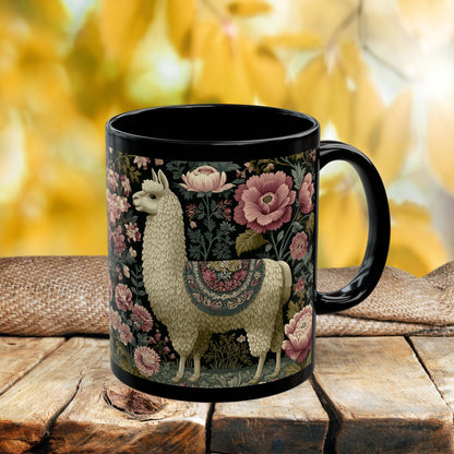 Botanical Llama Coffee Mug, William Morris Inspired Floral Black Ceramic Cup (11oz, 15oz)