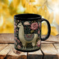 Botanical Llama Coffee Mug, William Morris Inspired Floral Black Ceramic Cup (11oz, 15oz)