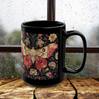 William Morris Inspired Botanical Rosy Maple Moth Black Mug 11oz, 15 oz