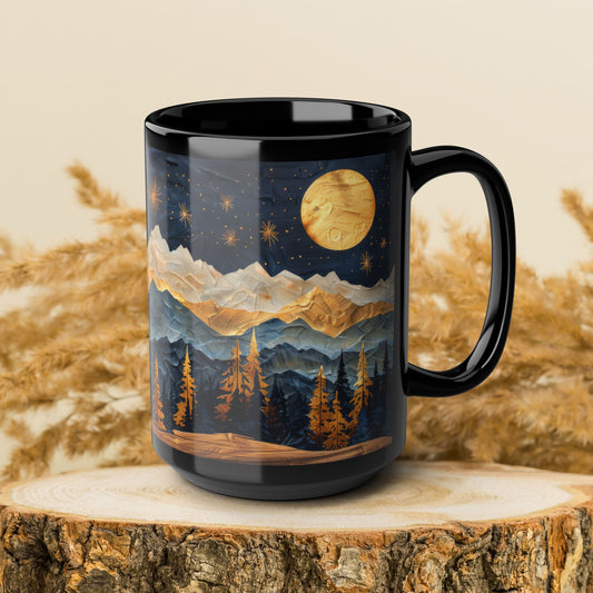 Mountain &amp; Pine Trees Black Coffee Mug, Carved Wood Style Landscape, Starry Night Moonlit Forest Cup, Nature Lover Gift (11oz/15oz)