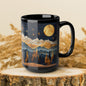 Mountain &amp; Pine Trees Black Coffee Mug, Carved Wood Style Landscape, Starry Night Moonlit Forest Cup, Nature Lover Gift (11oz/15oz)