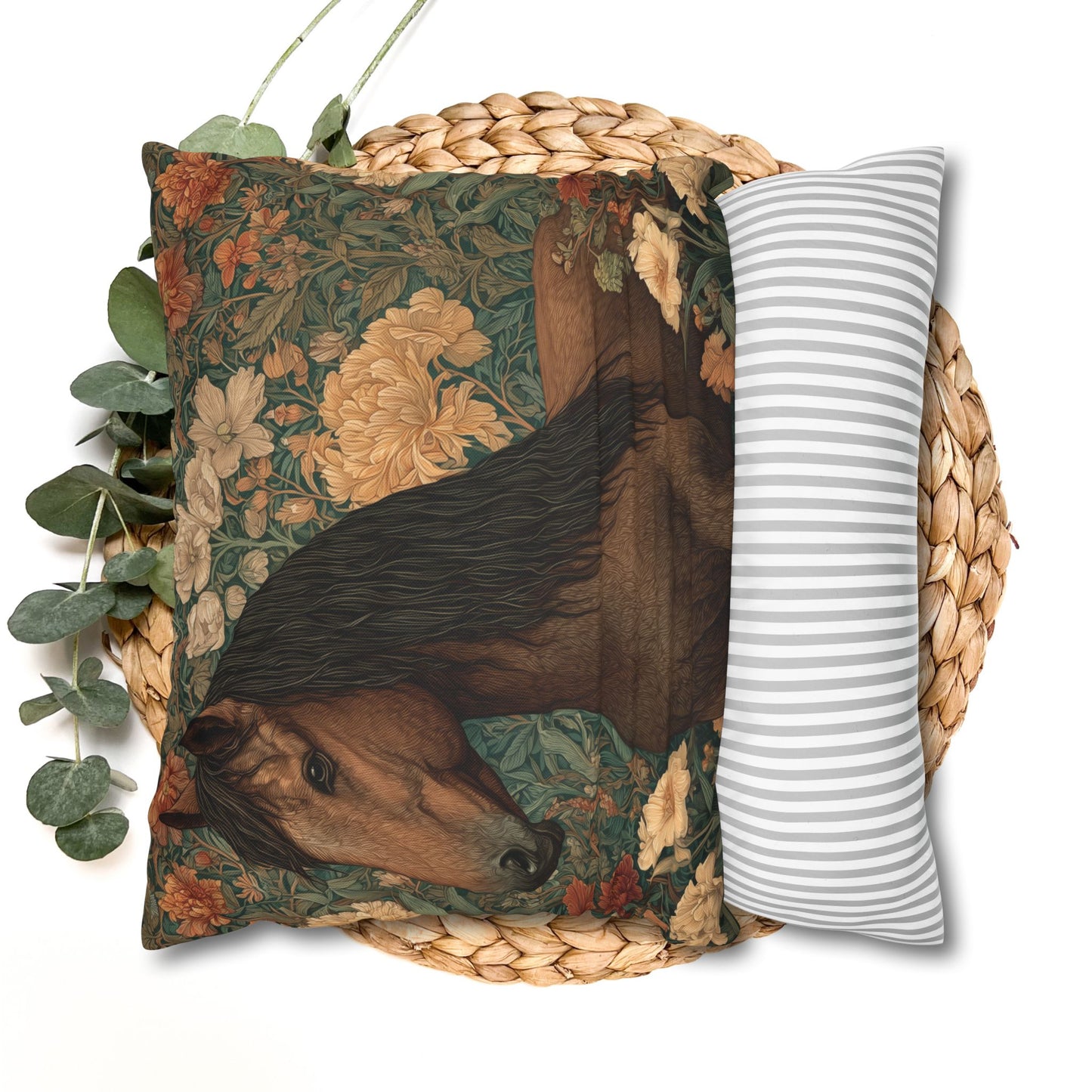 Majestic Horse Floral Pillow, William Morris Style Botanical Equestrian Cushion