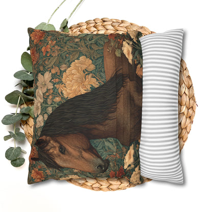 Majestic Horse Floral Pillow, William Morris Style Botanical Equestrian Cushion