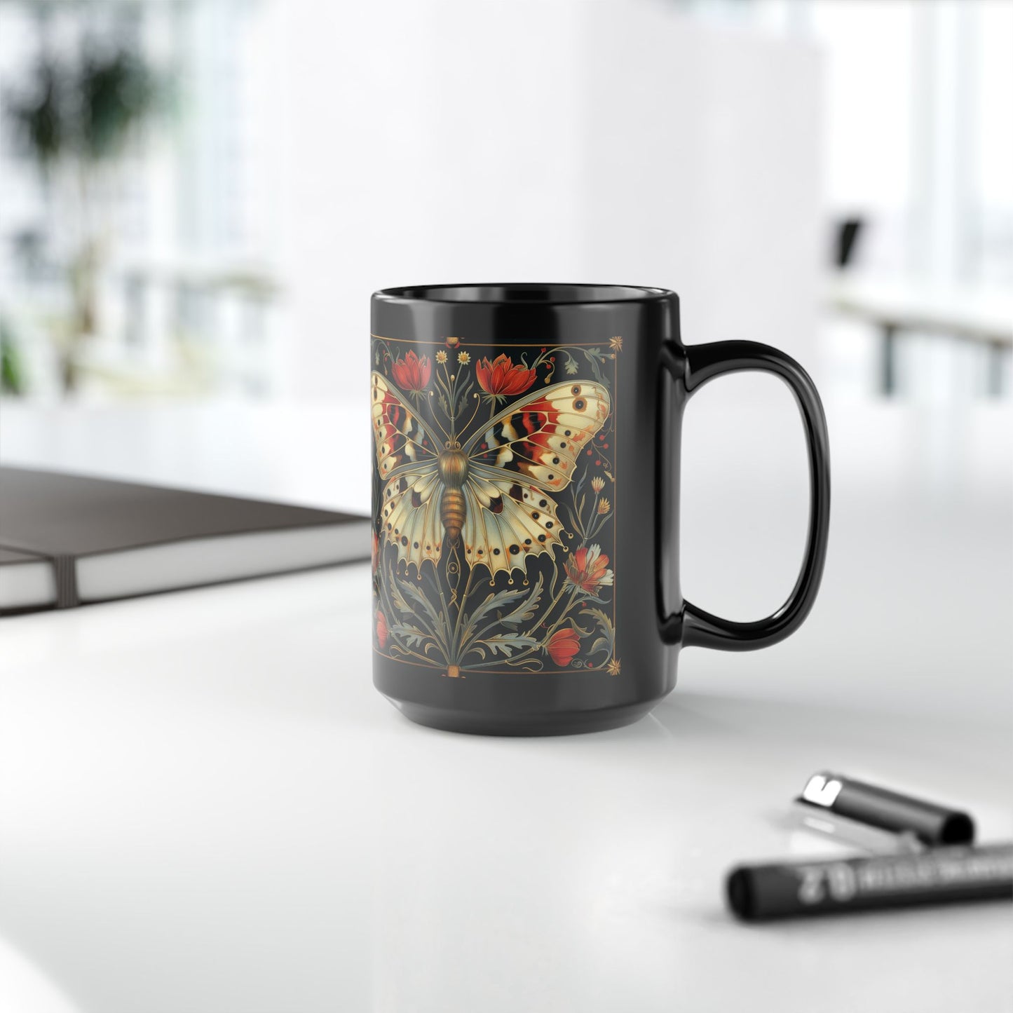 William Morris Inspired Botanical Night Butterfly Black Mug 11oz, 15 oz