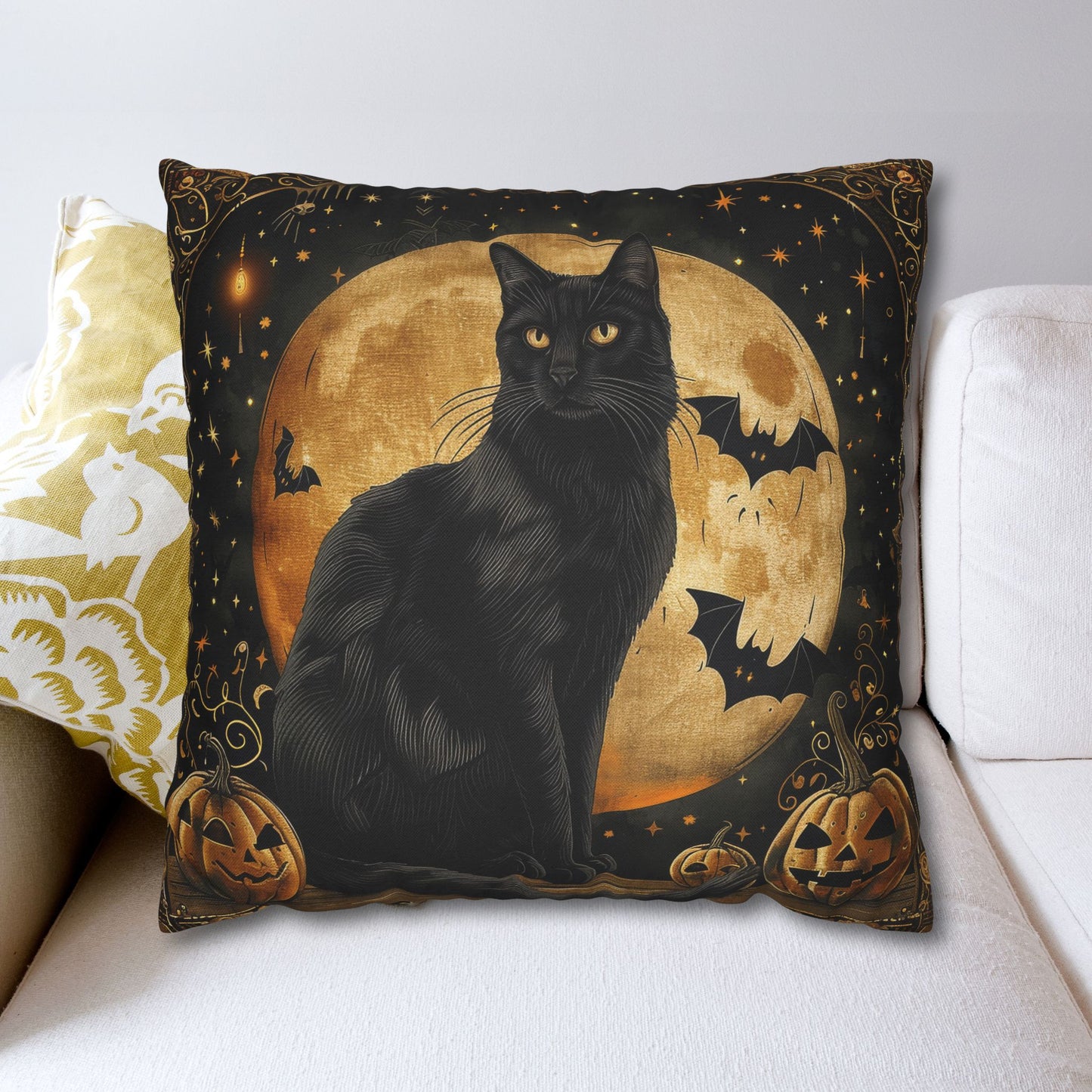 Art Deco Full Moon Black Cat Halloween Home Decor Pillowcase