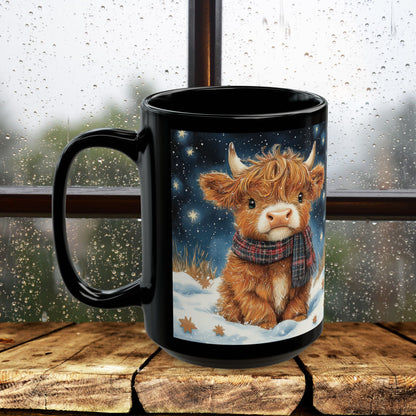 Highland Cow Winter Night Black Mug, Cute Baby Cow Coffee Cup (11oz, 15oz) Animal Lover Gift, Farmhouse Kitchen Decor, Christmas Gift,