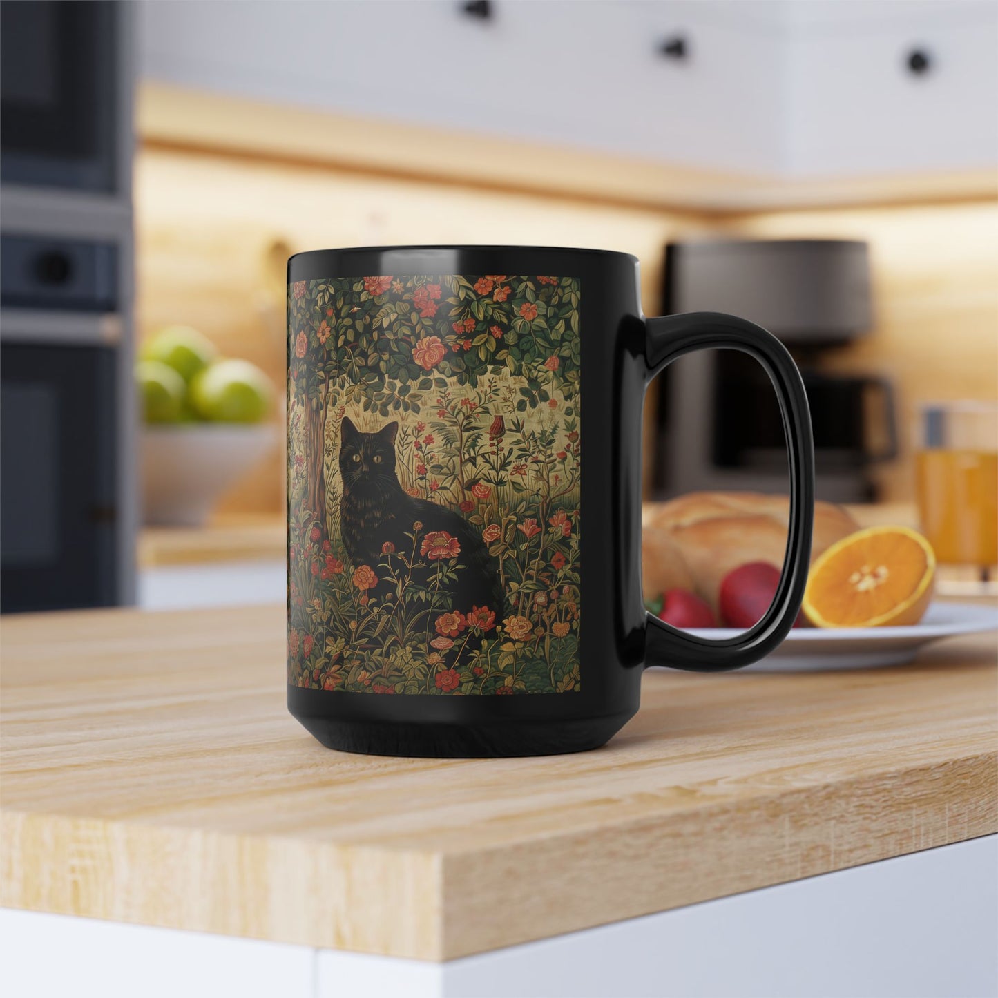 Black Cat Floral Mug, William Morris Style Botanical Cat Coffee Mug, Dark Academia Black Ceramic Mug 11oz & 15oz