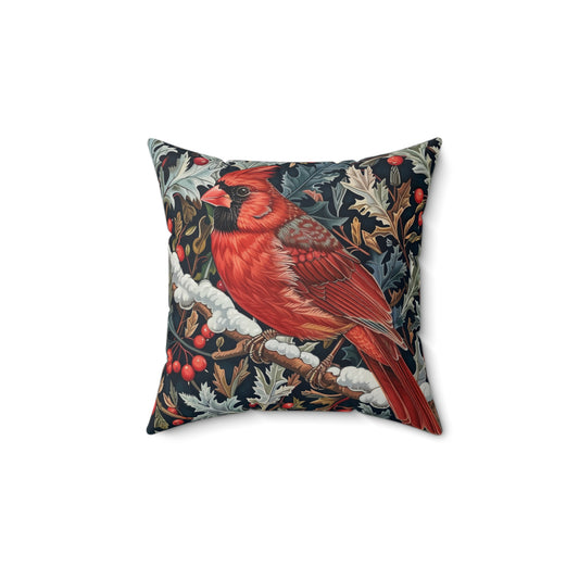 Red Cardinal Among Winter Florals Decorative Pillow, William Morris Inspired Vintage Home Decor, Spun Polyester Square Pillow