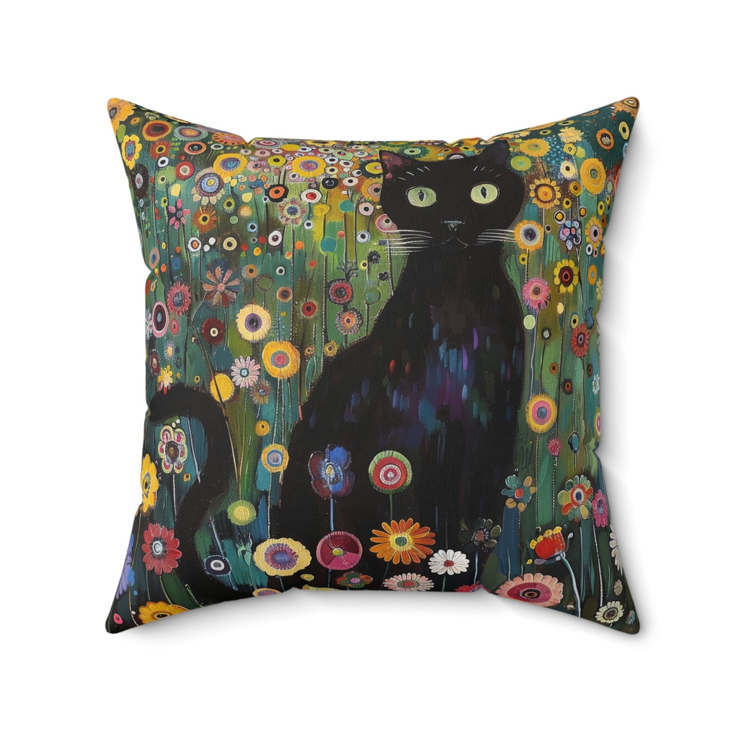 Whimsical Cat Floral Mewdow Square Pillow, Gustav Klimt Home Decor, Black Cat Cushion