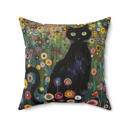 Whimsical Cat Floral Mewdow Square Pillow, Gustav Klimt Home Decor, Black Cat Cushion