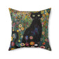 Whimsical Cat Floral Mewdow Square Pillow, Gustav Klimt Home Decor, Black Cat Cushion