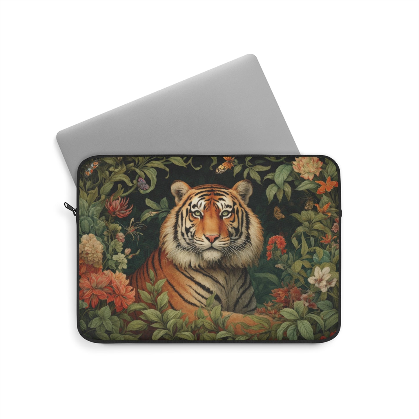 Tiger Laptop Sleeve, William Morris Inspired Jungle Floral Art Case, Elegant Botanical Animal Laptop Cover (12”, 13”, 15”)