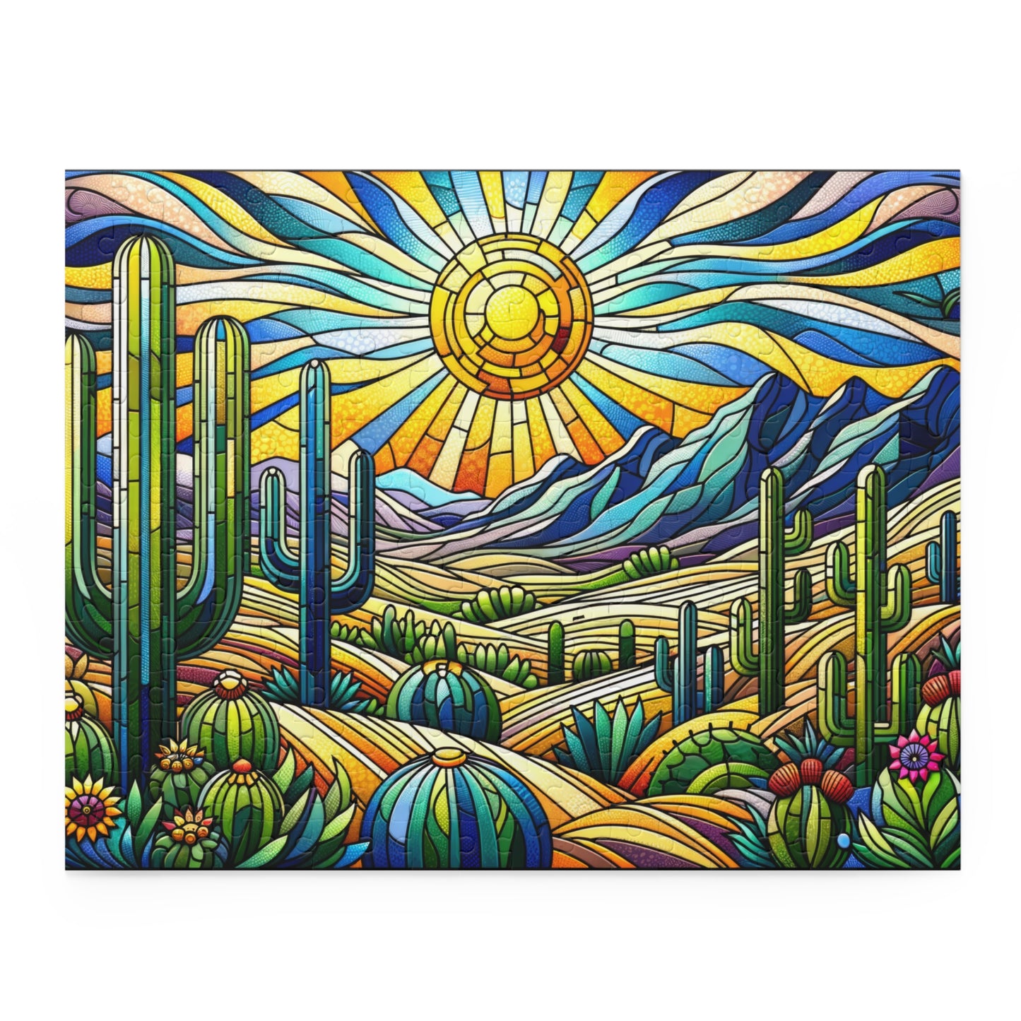 Cactus Dessert Scene Stained Glass Jigsaw Puzzle Box (120, 252, 500-Piece) Adult Jigsaw Puzzle, Gift Him Her