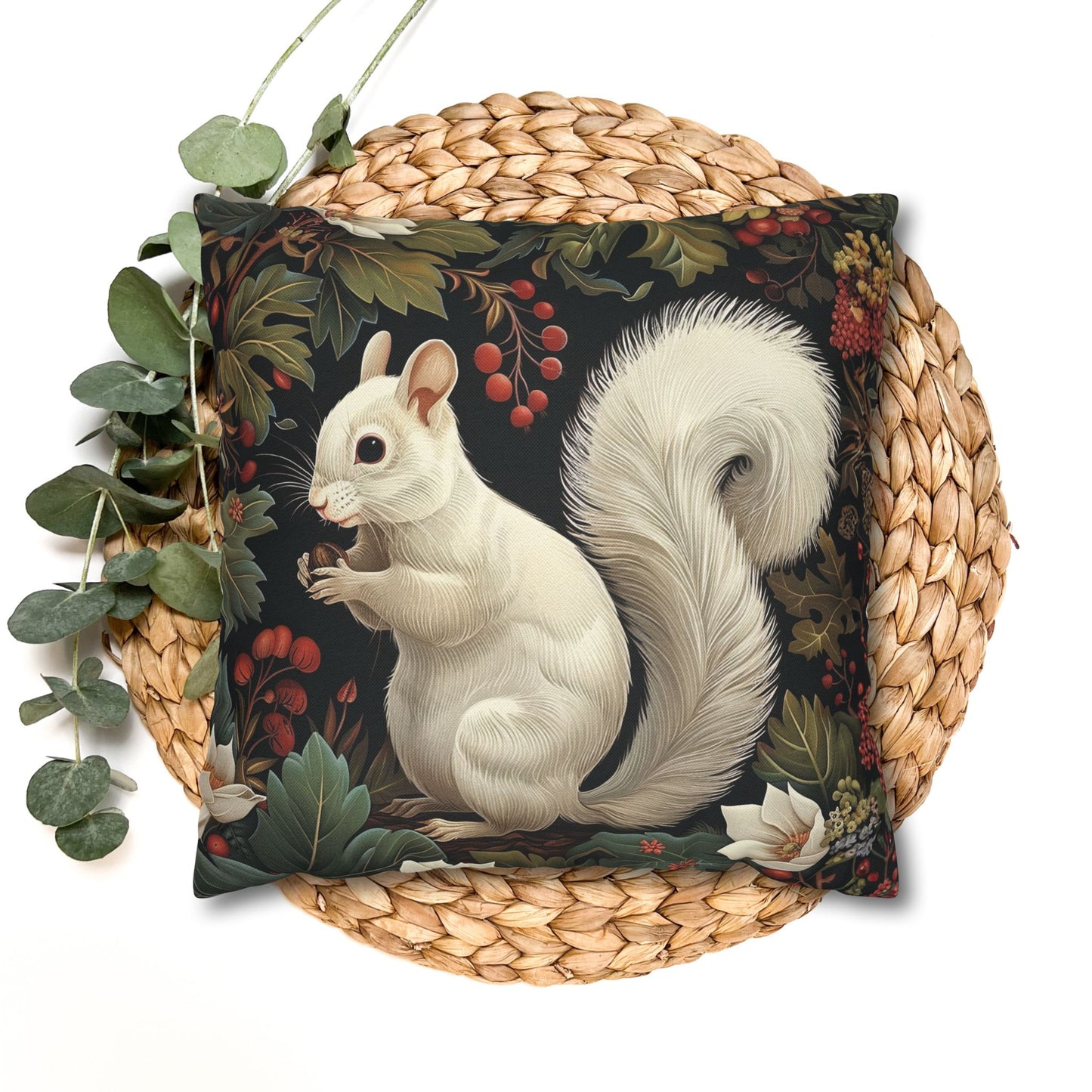 White Squirrel Decorative Pillowcase, Woodland Floral Accent