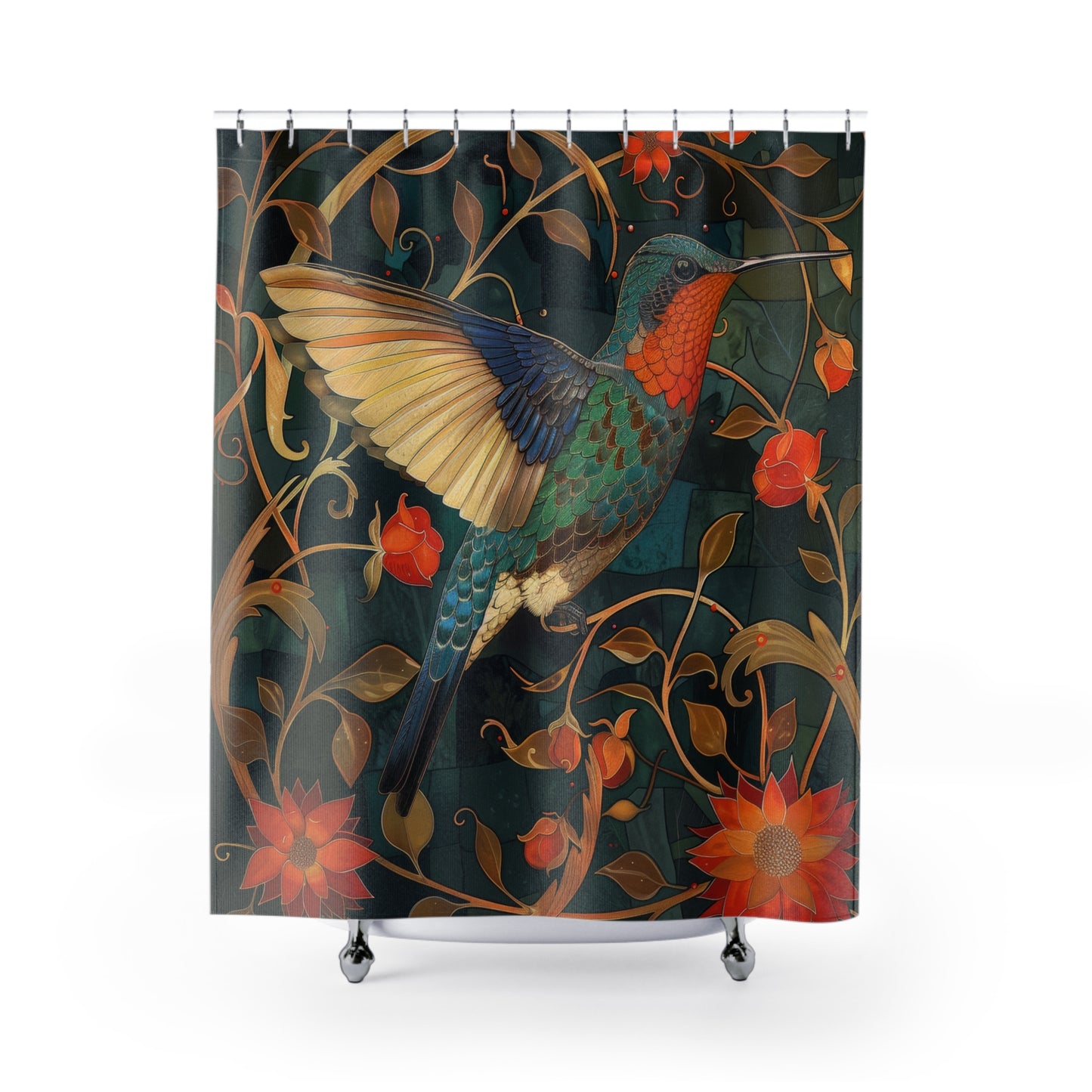 William Morris Inspired Floral Hummingbird Art Bathroom Decor Nature Pattern Shower Curtain