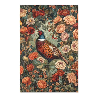 Pheasant Floral Garden, Art Deco Style Home Decor, Pheasant Rectangle Area Rug, Pheasant Living Room Fall Season Carpet Decor