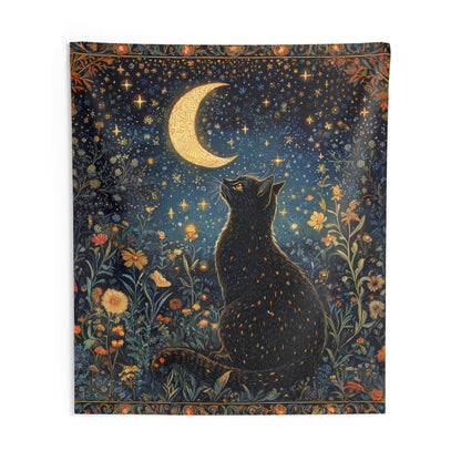 Black Cat Whimsical Night, William Morris Art Deco Hanging Halloween Home Decor | Black Cat Art Wall Tapestry